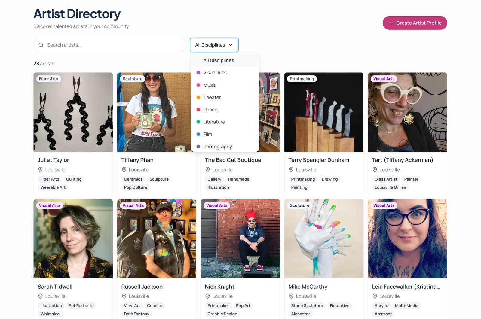 Artist directory + detail