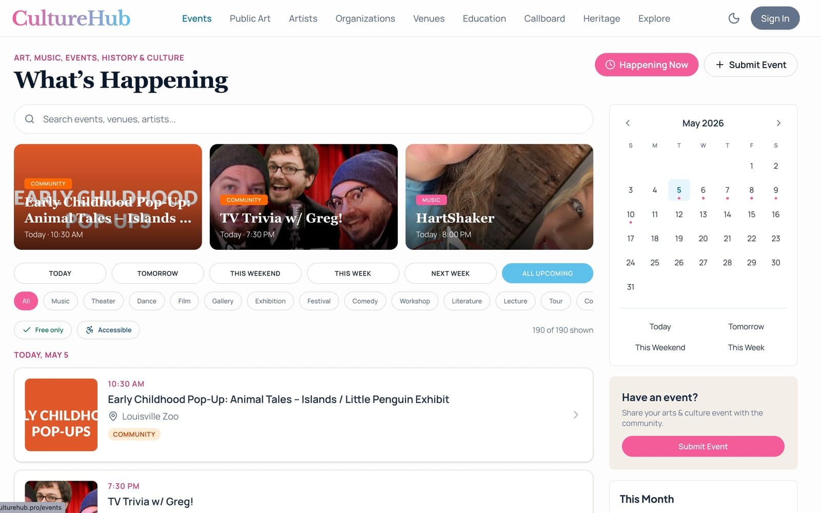 Events grid + filters